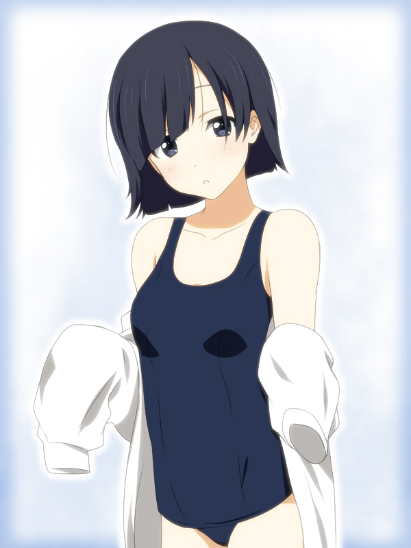 black_hair, extra, face, girl_with_long_skirt_(k-on!), ikari_manatsu, k-on!, one-piece_swimsuit, school_swimsuit, school_uniform, short_hair, sunahara_yoshimi, swimsuit, undressing