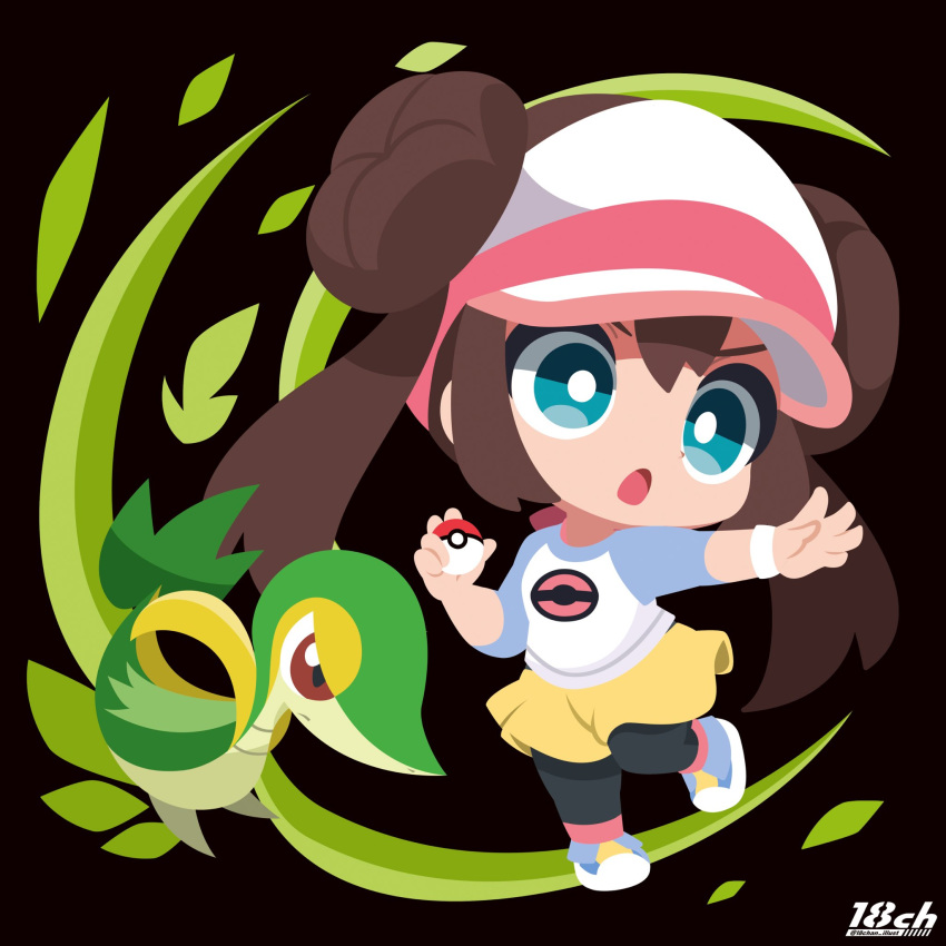 18ch, 1girl, :o, arm_out_of_sleeve, artist_name, black_pantyhose, blue_footwear, bright_pupils, brown_hair, chibi, commentary, double_bun, falling_leaves, green_eyes, hair_bun, highres, leaf, leg_up, open_mouth, pantyhose, pokemon, pokemon_(creature), pokemon_(game), pokemon_bw2, raglan_sleeves, rosa_(pokemon), shirt, shoes, shorts, sidelocks, sneakers, snivy, tongue, twintails, visor_cap, white_headwear, white_pupils, yellow_shorts