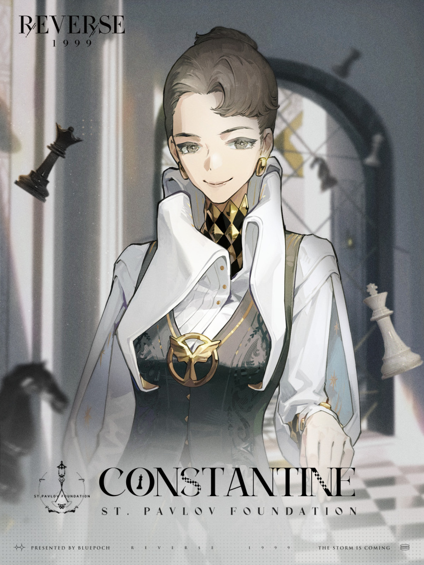 1girl, arched_window, blurry, blurry_background, blurry_foreground, character_name, checkered_floor, chess_piece, closed_mouth, collared_shirt, constantine_(reverse:1999), copyright_name, earrings, english_text, grey_eyes, grey_hair, grey_vest, hair_bun, high_collar, highres, holding_chess_piece, indoors, jewelry, king_(chess), knight_(chess), logo, long_sleeves, looking_at_viewer, official_art, pawn_(chess), queen_(chess), reverse:1999, shirt, short_hair, smile, solo, upper_body, vest, white_shirt