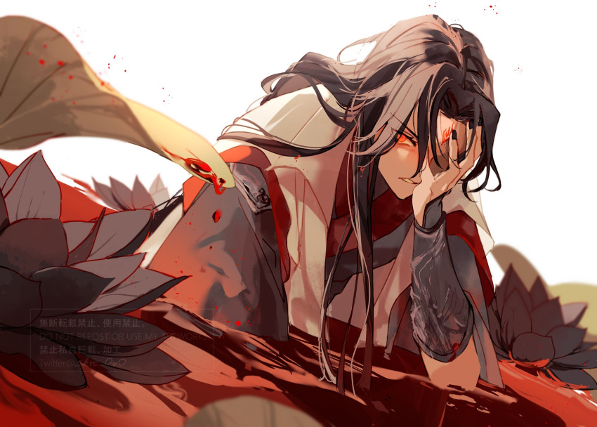1boy, angry, black_flower, black_hair, black_lotus, black_nails, black_robe, blood
