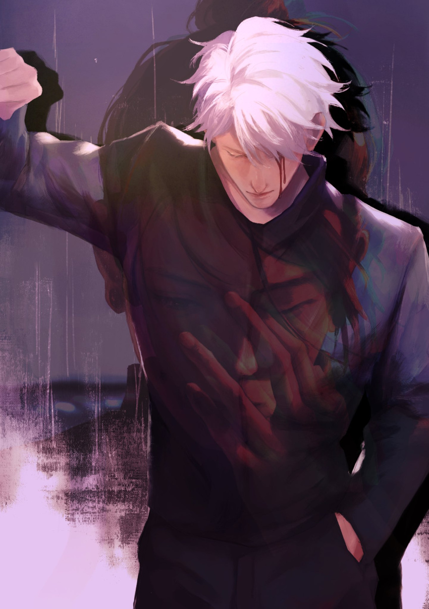 2boys, 3aem, arm_up, black_hair, black_jacket, black_pants, blood, blood_from_eyes