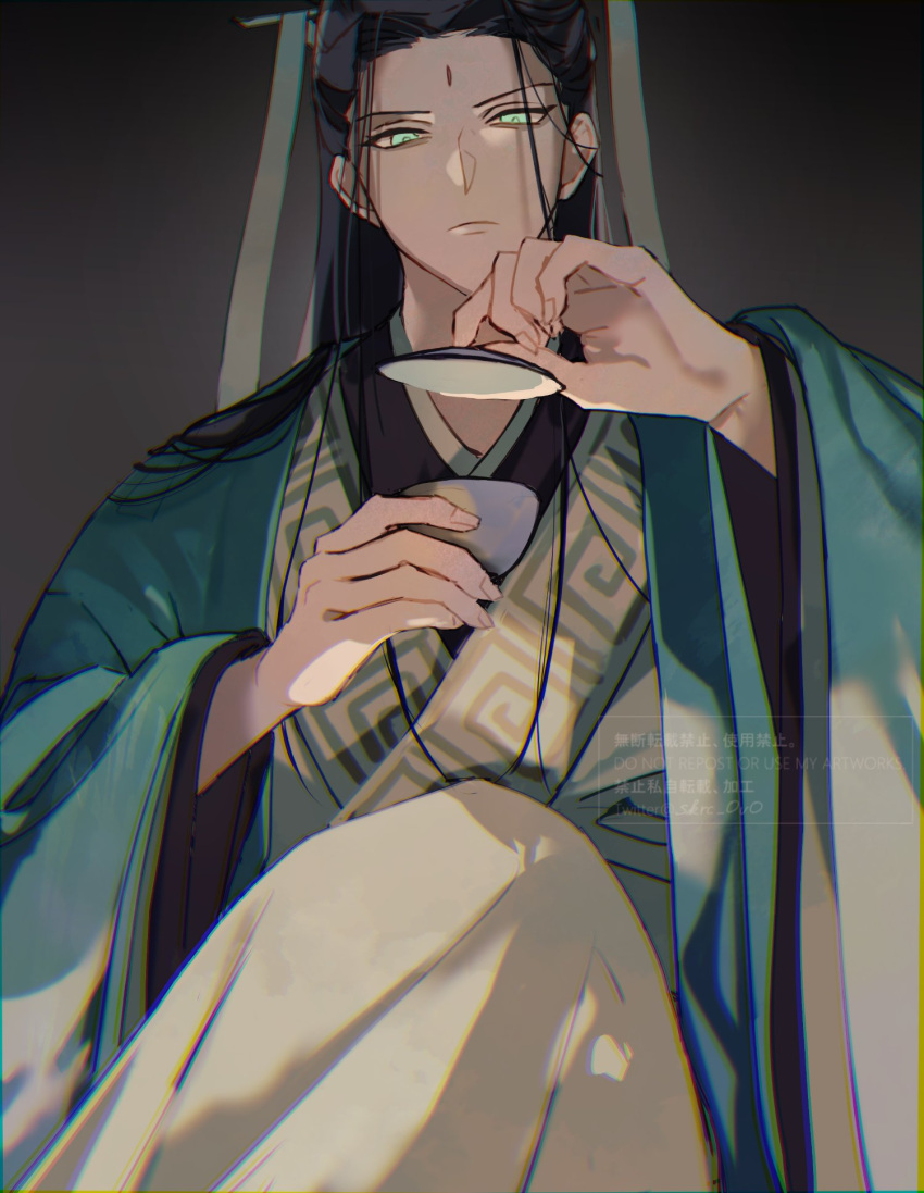 1boy, black_background, black_hair, chinese_clothes, chinese_hairpin, cup, facial_mark, forehead_mark, gradient_background, green_eyes, green_ribbon, green_robe, hair_ribbon, highres, holding, holding_cup, layered_clothes, layered_sleeves, long_hair, male_focus, ren_zhafan_paijizu_xitong, ribbon, robe, sakuramochi1003, serious, shen_qingqiu, simple_background, sitting, solo