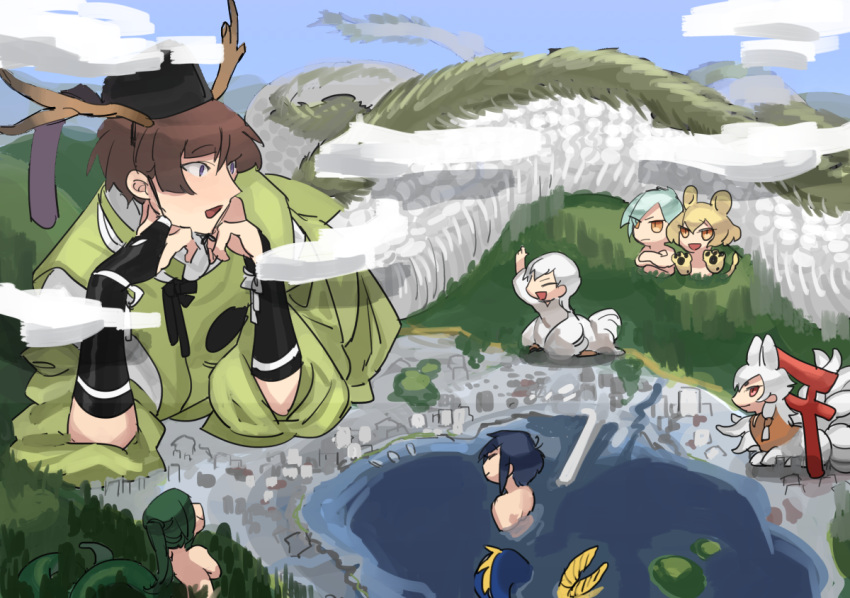 6+boys, animal_ears, animal_hands, antlers, bird_boy, blonde_hair, blue_hair, bridal_gauntlets