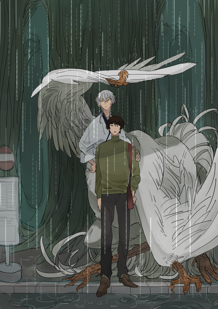 2boys, bag, bird_boy, bird_tail, bird_wings, black_eyes, black_pants, brown_footwear