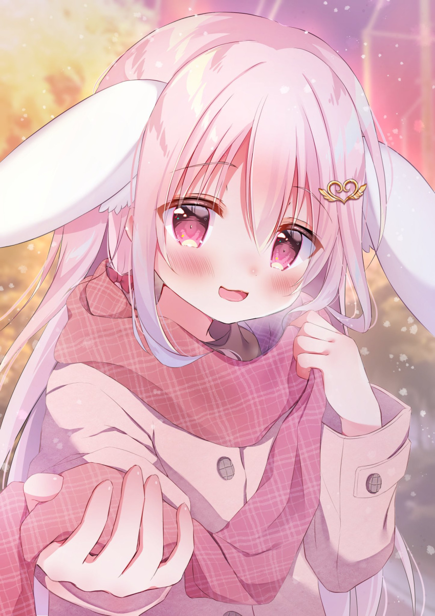 1girl, :3, animal_ears, blurry, blurry_background, blush, bow, coat, hair_bow, hair_ornament, hairclip, hanasaki_chiyu, hanasakichu, heart, heart_hair_ornament, highres, holding, holding_clothes, holding_scarf, long_hair, long_sleeves, looking_at_viewer, open_mouth, original, outdoors, pink_eyes, plaid, plaid_scarf, pov, rabbit_ears, rabbit_girl, scarf, smile, snowing, solo, sunset, upper_body