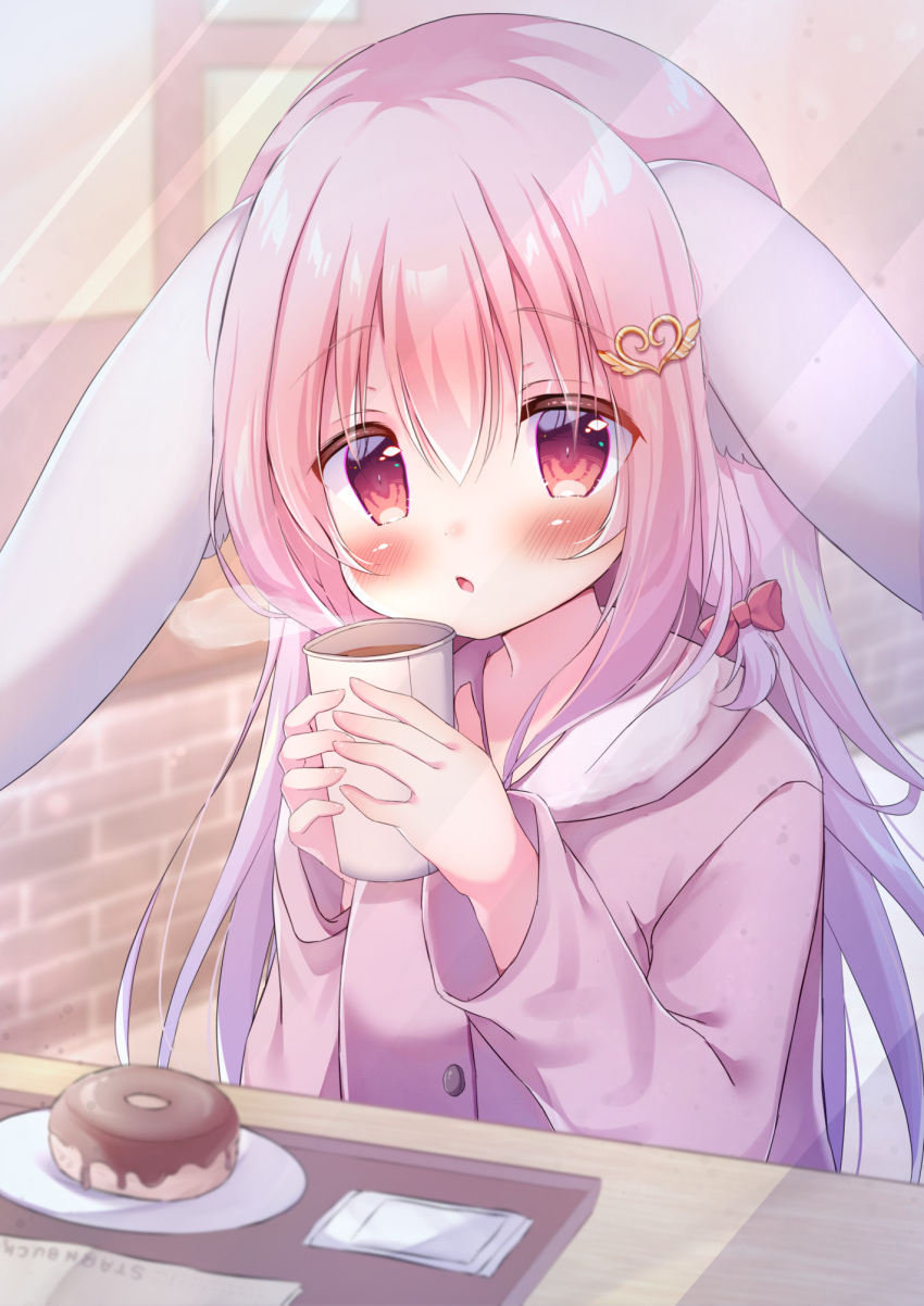 1girl, animal_ears, blush, bow, brick_wall, cafe, cup, disposable_cup