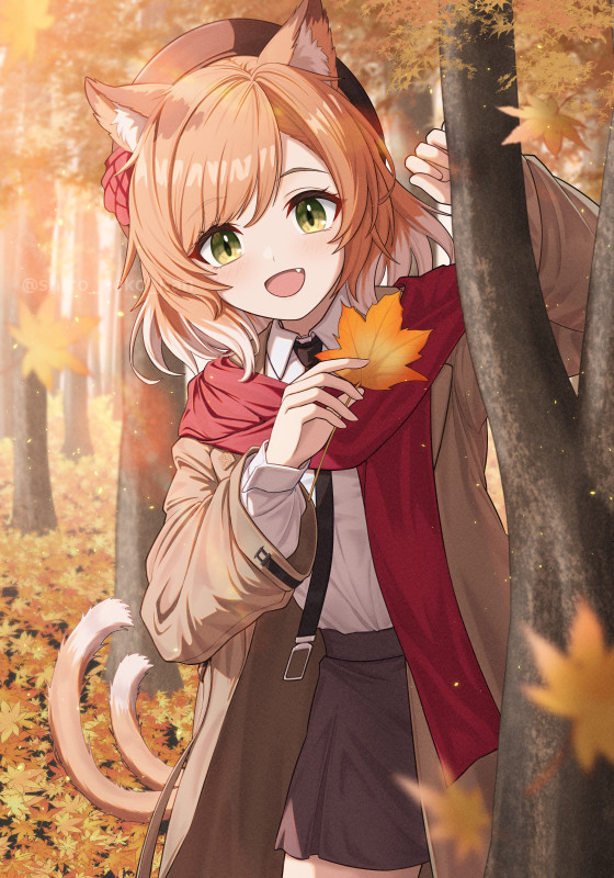 1girl, :d, animal_ears, arknights, autumn, autumn_leaves, black_headwear, black_necktie, black_skirt, blush, brown_coat, calico, cat_ears, cat_girl, coat, collared_shirt, cowboy_shot, fang, green_eyes, hat, holding, holding_leaf, layered_sleeves, leaf, long_sleeves, looking_at_viewer, maple_leaf, medium_hair, mousse_(arknights), mousse_(campfire_cooking_smoke)_(arknights), multiple_tails, necktie, official_alternate_costume, open_clothes, open_coat, open_mouth, orange_hair, red_scarf, scarf, shironekoban, shirt, skirt, smile, solo, tail, tree, two_tails, white_hair, white_shirt