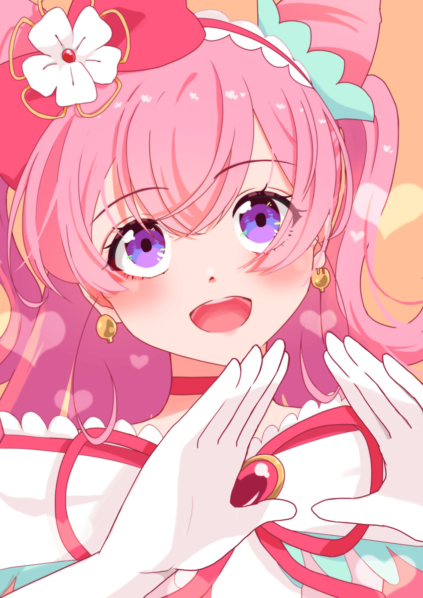 1girl, absurdres, bow, choker, commentary, cone_hair_bun, cure_precious, delicious_party_precure, double_bun, dress, earrings, gloves, hair_bow, hair_bun, hairband, highres, jewelry, long_hair, looking_at_viewer, magical_girl, nagomi_yui, off-shoulder_dress, off_shoulder, open_mouth, otako_(ahw0jwkbzah7gpn), own_hands_together, pink_hair, portrait, precure, red_bow, red_choker, red_hairband, red_ribbon, ribbon, smile, solo, two_side_up, violet_eyes, white_gloves