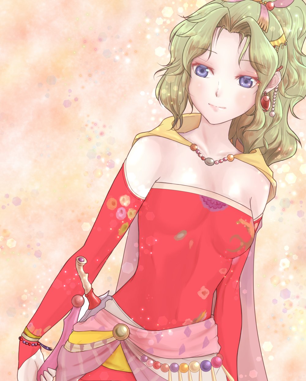 1girl, blue_eyes, breasts, cape, closed_mouth, detached_sleeves, dress, earrings, elbow_gloves, final_fantasy, final_fantasy_vi, gloves, green_hair, hair_ribbon, highres, jewelry, long_hair, looking_at_viewer, miru_morinaga, pantyhose, ponytail, ribbon, solo, sword, terra_branford, weapon