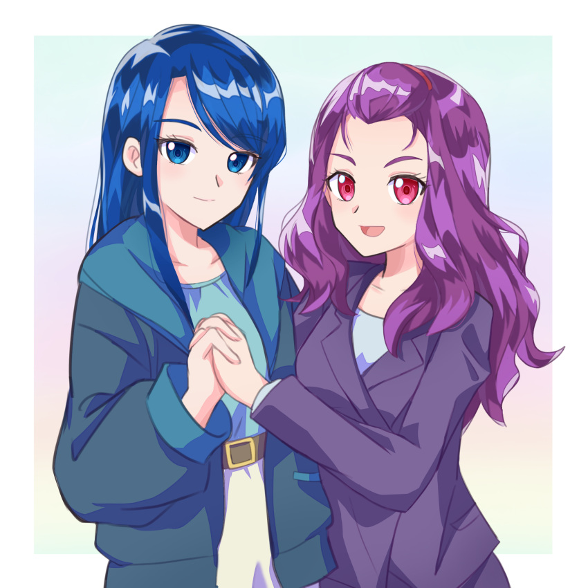 2girls, amagan_ruruboshi, belt, blazer, blue_coat, blue_eyes, blue_hair, blue_shirt, brown_belt, coat, commentary, hair_pulled_back, highres, holding_hands, hood, hood_down, hooded_coat, interlocked_fingers, jacket, kibou_no_chikara_~otona_precure_'23~, long_hair, long_sleeves, looking_at_viewer, mimino_kurumi, minazuki_karen, multiple_girls, open_clothes, open_coat, open_mouth, pink_eyes, precure, purple_hair, purple_jacket, purple_skirt, shirt, side-by-side, skirt, skirt_suit, smile, standing, suit, swept_bangs, white_skirt, yes!_precure_5, yes!_precure_5_gogo!