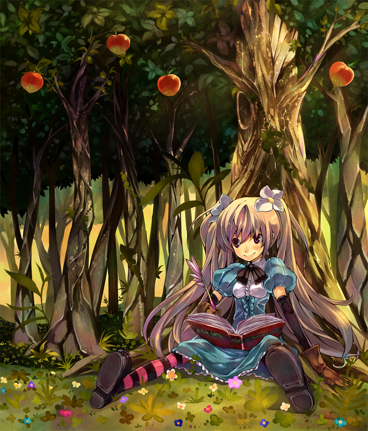 blonde_hair, book, feather_pen, flower, food, forest, fruit, gan_(shanimuni)
