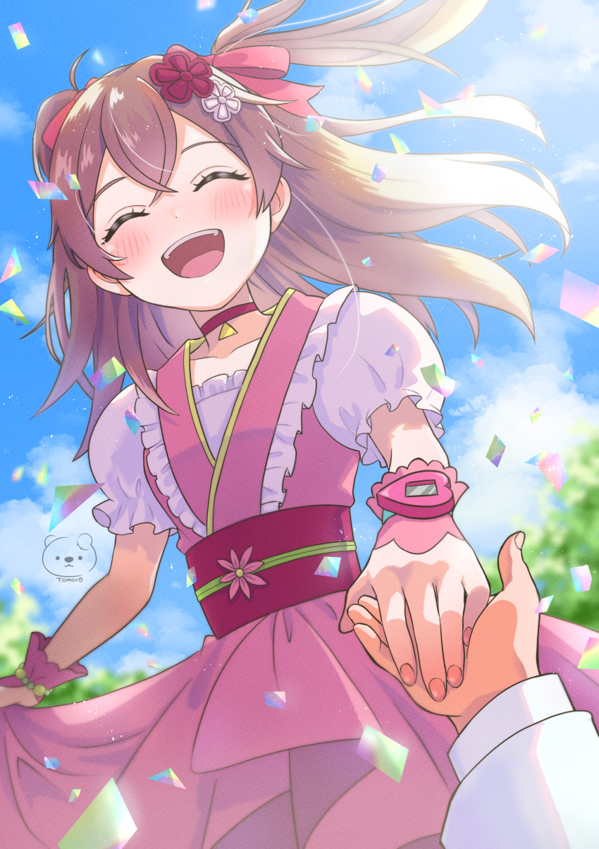 1girl, :d, absurdres, artist_logo, artist_name, blue_sky, brown_hair, choker, closed_eyes, clouds, cloudy_sky, commentary, confetti, day, delicious_party_precure, dress, facing_viewer, frilled_cuffs, frilled_sleeves, frills, hair_ornament, hair_ribbon, highres, holding_hands, medium_dress, medium_hair, moro_precure, nagomi_yui, open_mouth, out_of_frame, outdoors, pink_dress, precure, puffy_short_sleeves, puffy_sleeves, red_choker, red_ribbon, ribbon, short_sleeves, signature, skirt_hold, sky, smile, standing, sunlight, two_side_up, watch, watch, wind