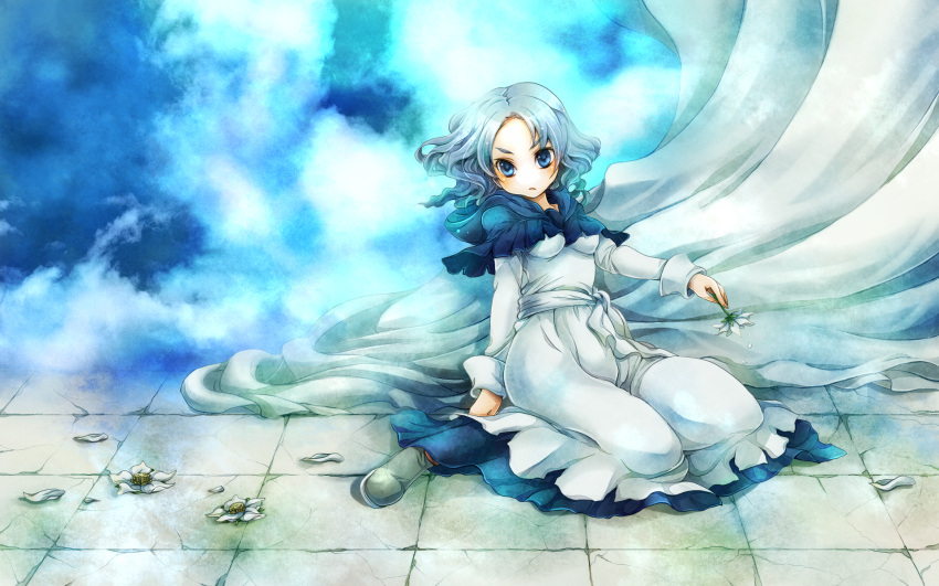 blue_hair, capelet, flower, highres, hood, hood_down, kumoi_ichirin, sitting