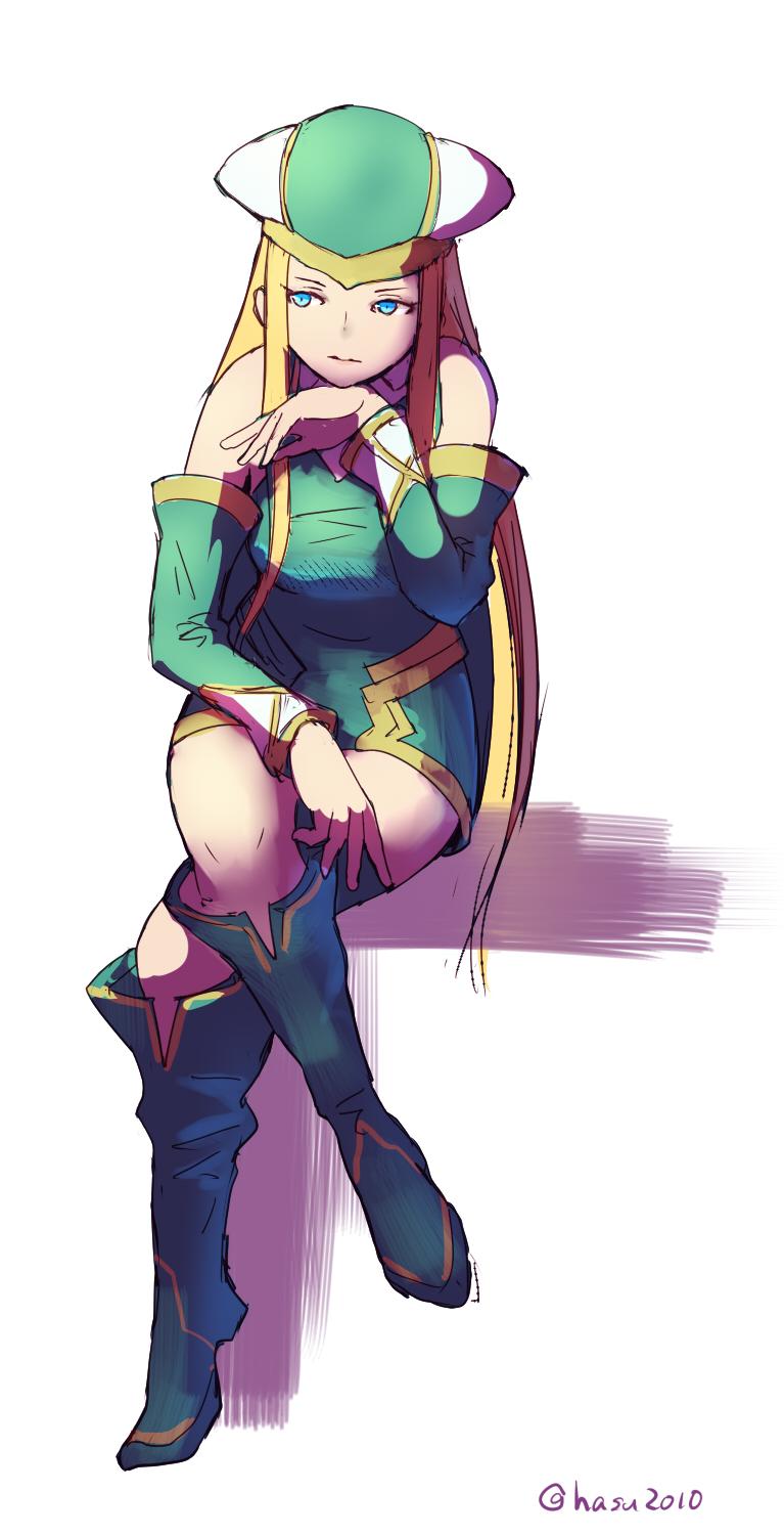 1girl, blonde_hair, blue_eyes, boots, breasts, closed_mouth, crossed_legs, detached_sleeves