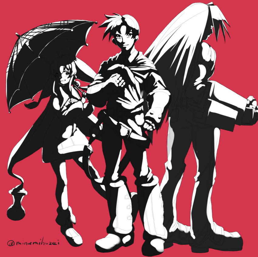 1girl, 2boys, ashley_winchester, brad_evans, cape, closed_mouth, dress, full_body