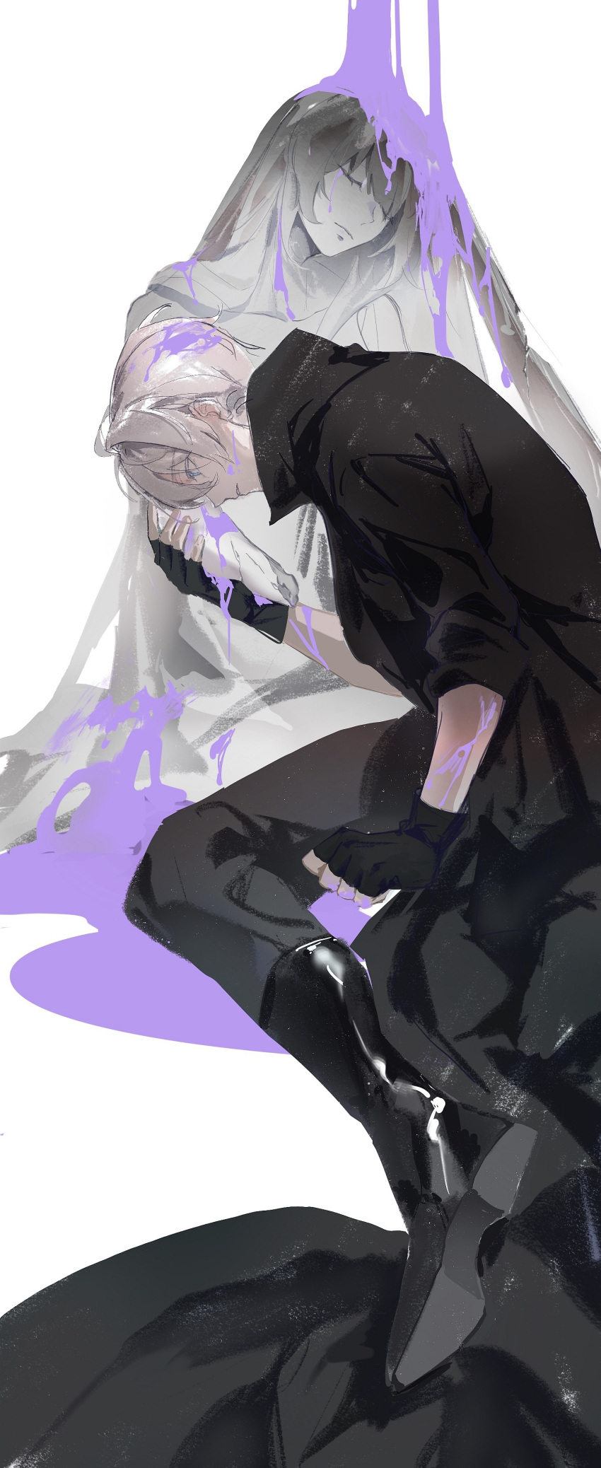 00quanta, 1boy, absurdres, black_coat, black_footwear, black_pants, blue_eyes, broken_arm, clenched_hand, closed_eyes, coat, fingerless_gloves, gloves, hair_between_eyes, highres, holding_another's_arm, honkai_(series), honkai_impact_3rd, kevin_kaslana, looking_down, mei_(honkai_impact), paint_on_fingers, paint_splatter, paint_splatter_on_face, pants, simple_background, solo, statue, white_background, white_hair