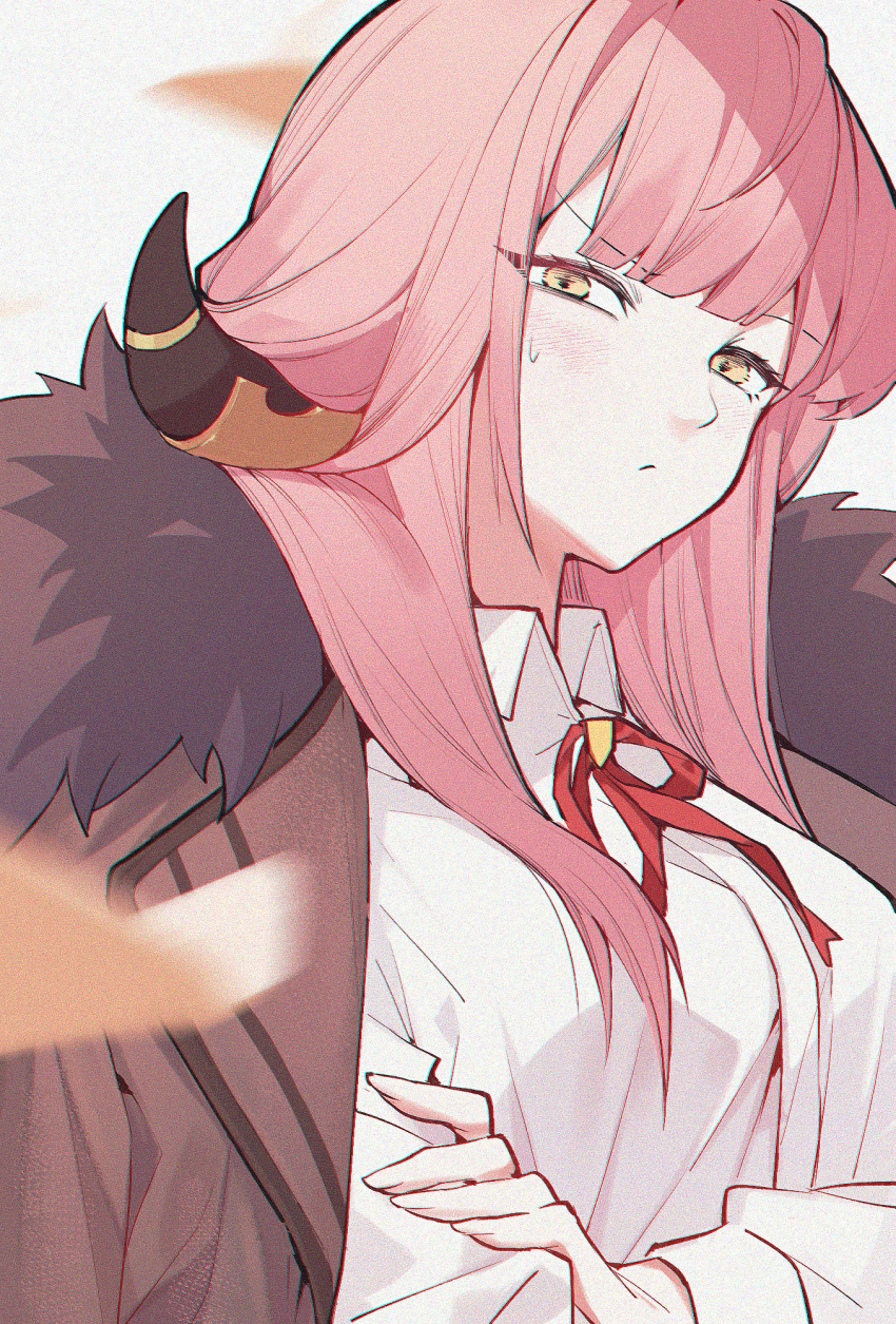 1girl, apu-chm, aru_(blue_archive), blue_archive, blush, breasts, brown_jacket, chromatic_aberration