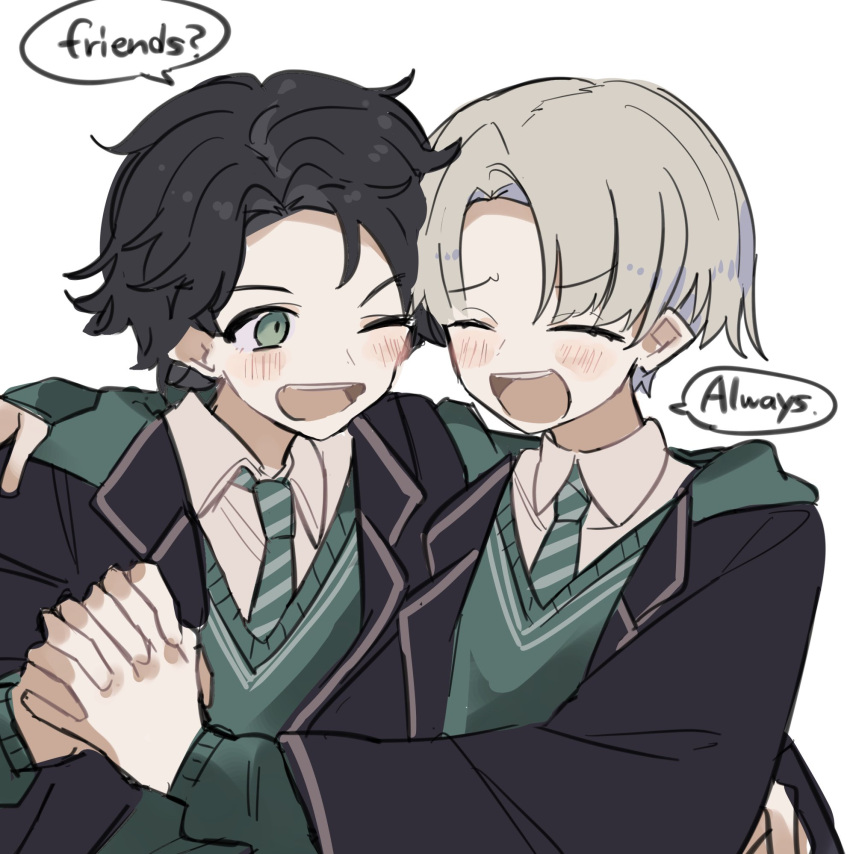 2boys, albus_severus_potter, black_hair, black_robe, blonde_hair, collared_shirt, commentary_request, curtained_hair