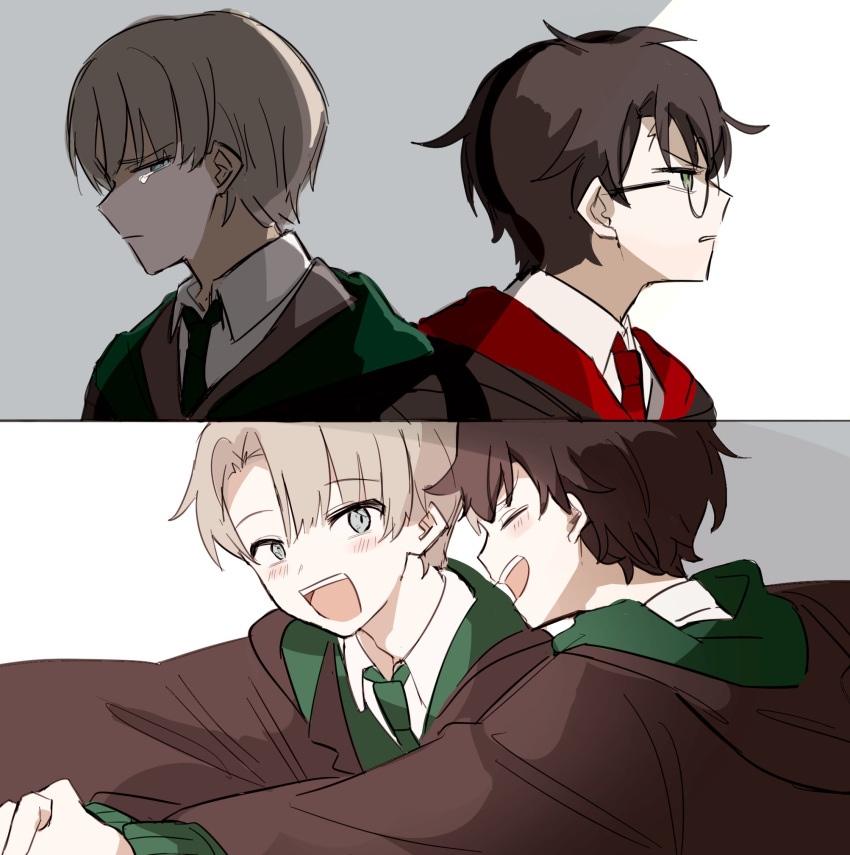 4boys, albus_severus_potter, black_robe, draco_malfoy, father_and_son, glasses, gryffindor, harry_potter