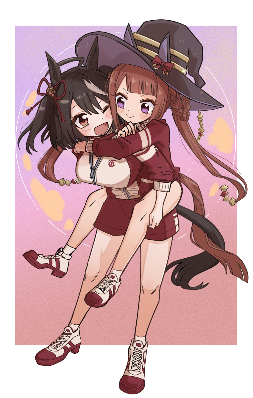 2girls, ahoge, alternate_costume, animal_ears, black_hair, breasts, brown_hair, carrying