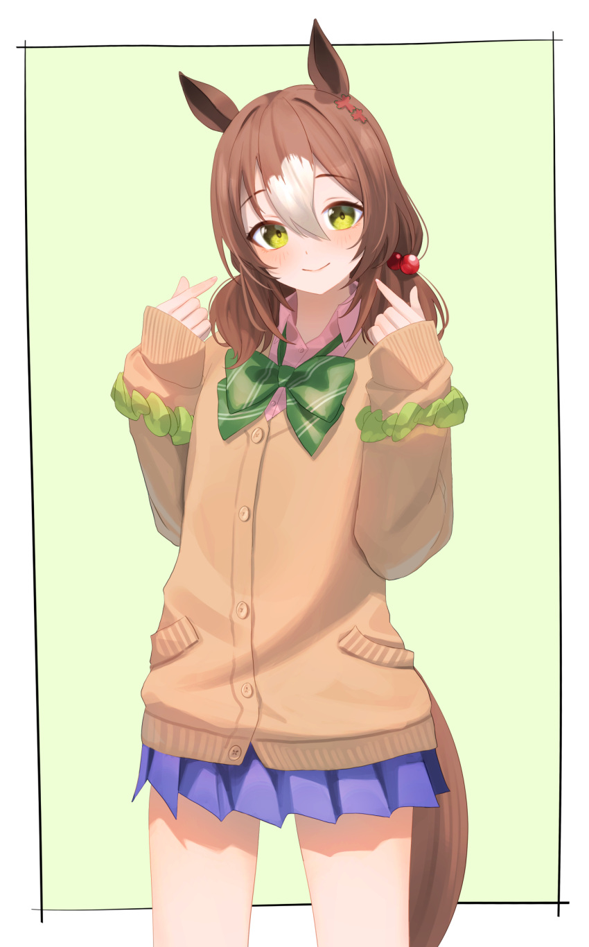 1girl, blue_skirt, blush, bow, bowtie, brown_cardigan, brown_hair, cardigan