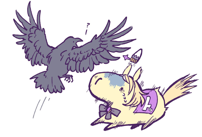 animalization, bird, blonde_hair, bow, bowtie, chibi, commentary, crow, crying, ear_cover_removed, goosebumps, highres, horse, minimized, motion_lines, multicolored_hair, narita_top_road_(umamusume), no_humans, race_bib, scared, simple_background, stiff_tail, streaked_hair, surprised, tail_raised, takatsuki_nato, translated, two-tone_hair, umamusume, white_background, white_hair