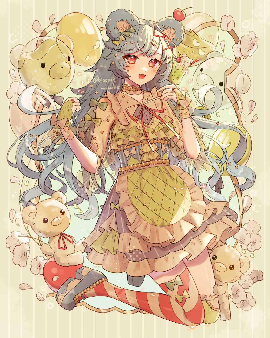 1girl, :d, animal_ears, apron, argyle_apron, asymmetrical_legwear, balloon, blue_footwear