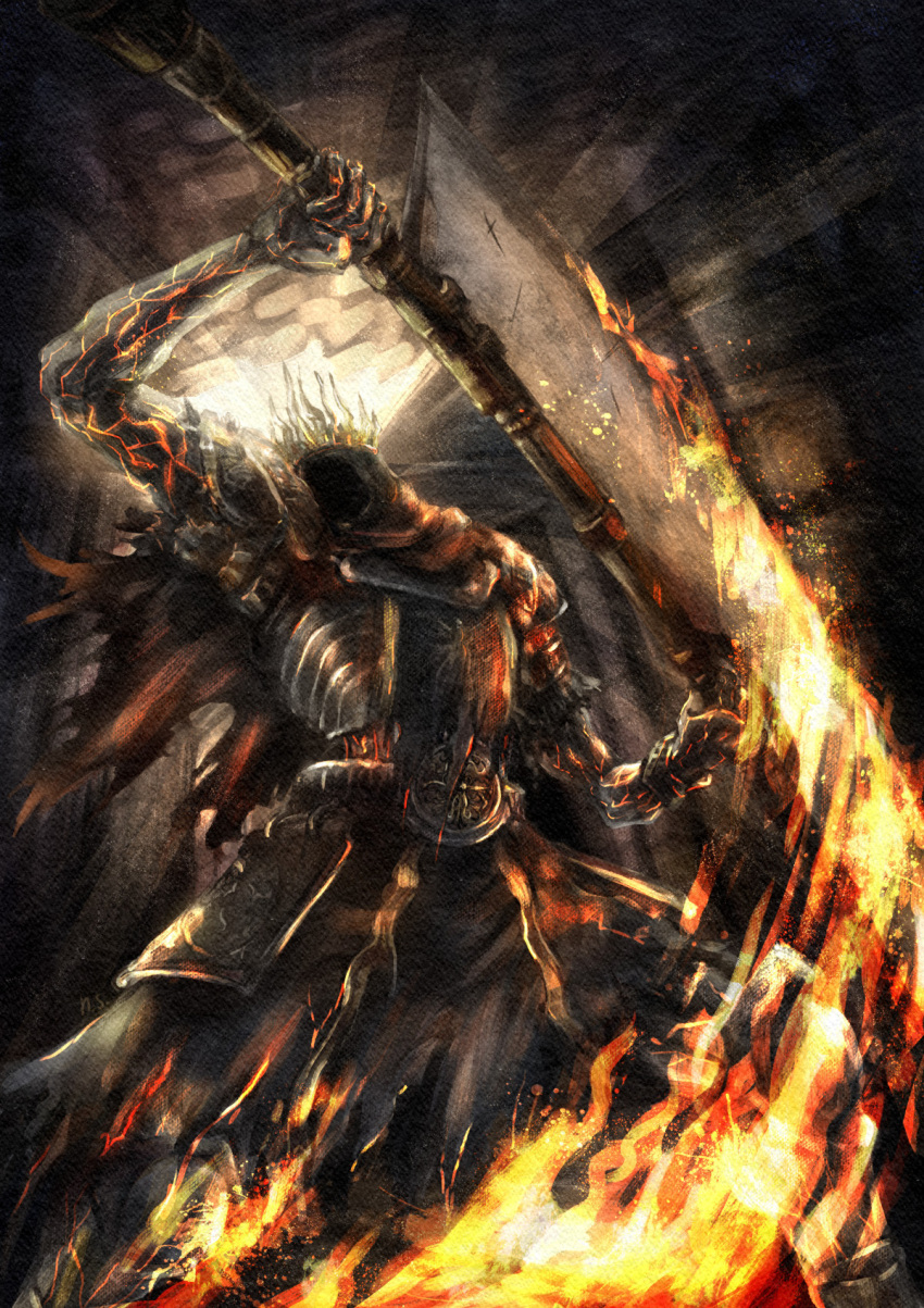 1boy, armor, breastplate, cleaver, commentary, cracked_skin, crown, dark_souls_(series)