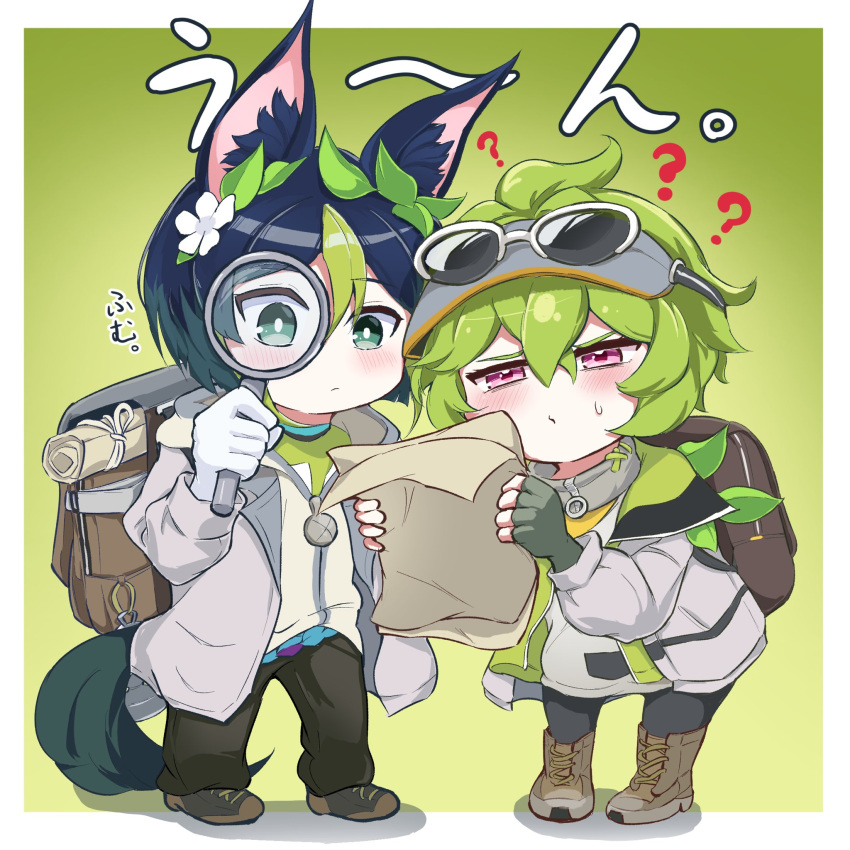 1boy, 1girl, animal_ears, backpack, bag, binoculars, black_hair, cashew_0_dgren
