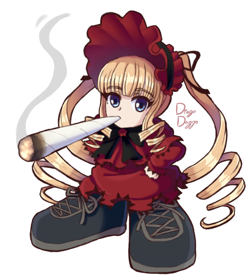 1girl, black_footwear, blonde_hair, blue_eyes, blunt_bangs, bonnet, boots, capelet, commentary, dress, drill_hair, drill_sidelocks, drogo_doggo, flower_brooch, highres, joint_(drug), lolita_fashion, long_hair, long_sleeves, looking_at_viewer, meme, ralsei_smoking_a_blunt_(meme), red_capelet, red_dress, red_headwear, rozen_maiden, shinku, shoes, sidelocks, signature, simple_background, smoking, sneakers, solo, twintails, very_long_hair, white_background