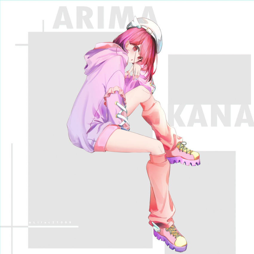 1girl, arima_kana, beret, bob_cut, full_body, grey_background, hat, highres