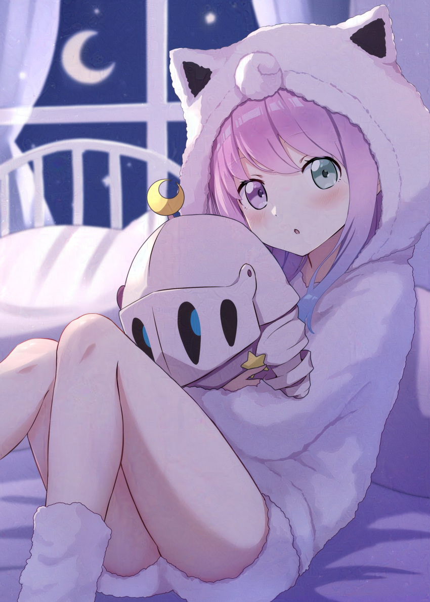 1girl, bed, crescent, crescent_moon, curtains, fluffy, gradient_hair, green_eyes