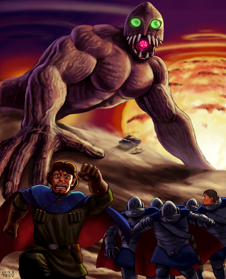caterpillar_tracks, dated, desert, explosion, full_armor, ghibli, giant, glowing, glowing_eyes, kaze_no_tani_no_nausicaa, kurotowa, kushana, kyoshinhei, male, matataku, military, military_vehicle, monster, running, scared, soldier, studio_ghibli, tank, vehicle
