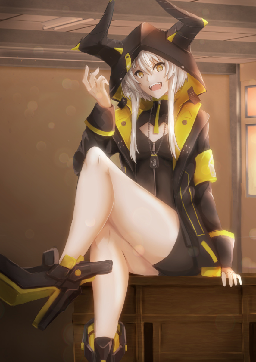 1girl, absurdres, black_jacket, black_shirt, black_shorts, dog_tags, grey_hair, hair_between_eyes