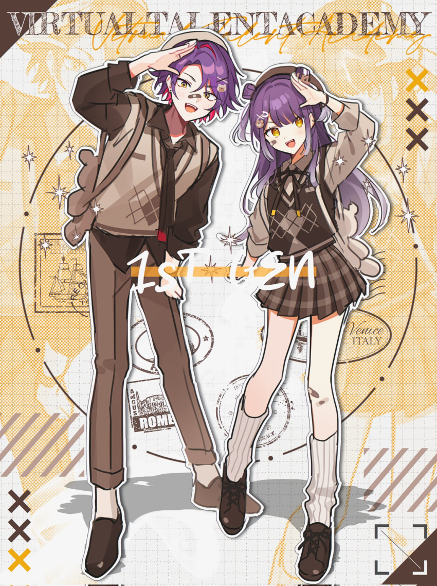 1boy, 1girl, alternate_costume, animal_bag, bandaid, bandaid_on_face, bandaid_on_knee, bandaid_on_leg, bandaid_on_nose, beret, brown_footwear, brown_headwear, brown_necktie, brown_pants, brown_shirt, brown_skirt, brown_sweater_vest, full_body, gradient_hair, hair_ornament, hairclip, hat, highres, loose_socks, multicolored_hair, necktie, nijisanji, open_mouth, pants, pink_hair, pleated_skirt, purple_hair, shirt, skirt, smile, socks, standing, streaked_hair, sweater_vest, umise_yotsuha, waka_(wk4444), watarai_hibari, white_socks, yellow_eyes