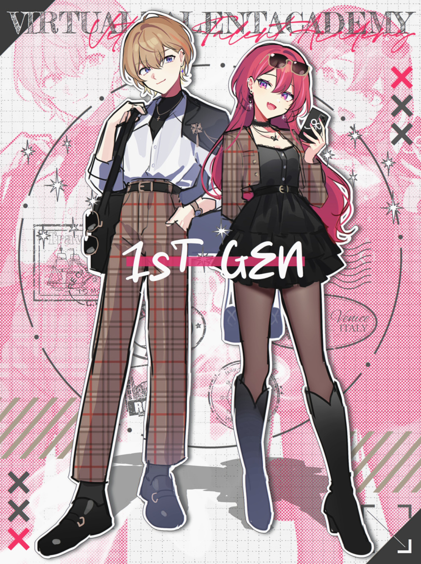 1boy, 1girl, absurdres, alternate_costume, amagase_muyu, bag, belt, black_belt, black_choker, black_dress, black_footwear, black_pantyhose, blonde_hair, boots, brown_jacket, brown_pants, cellphone, choker, cropped_jacket, dress, earrings, eyewear_on_head, fura_kanato, hand_in_pocket, highres, jacket, jewelry, long_hair, necklace, nijisanji, open_clothes, open_jacket, pants, pantyhose, phone, pink_hair, pink_nails, plaid, plaid_jacket, plaid_pants, shoulder_bag, smartphone, standing, sunglasses, violet_eyes, waka_(wk4444), watch, watch