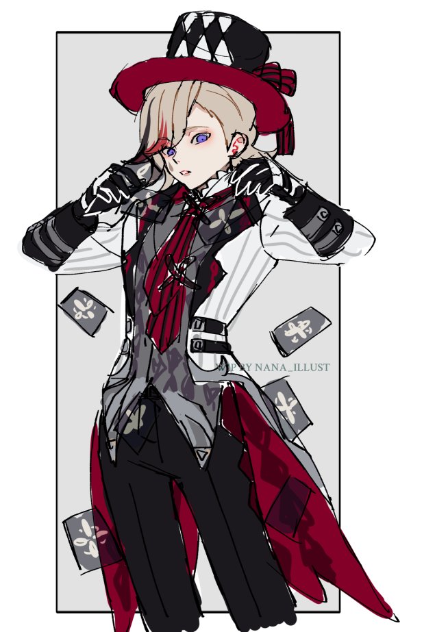 1boy, alternate_costume, arlecchino_(genshin_impact), arlecchino_(genshin_impact)_(cosplay), black_gloves, black_headwear, black_pants, blonde_hair