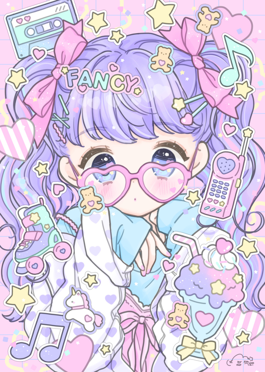 1girl, :o, blue_eyes, bow, glasses, hair_bow, heart, heart-shaped_eyewear