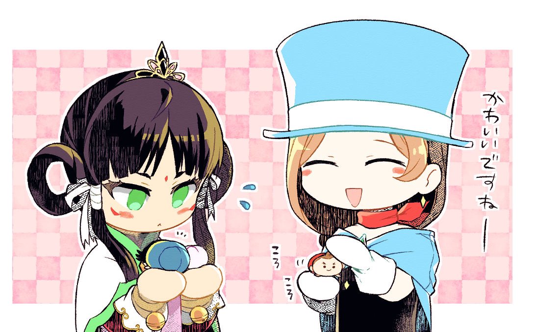 2girls, :<, :d, ace_attorney, apollo_justice, asayosi_k, bell, black_hair