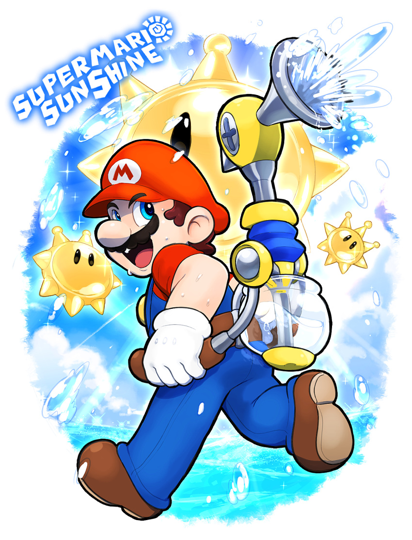 1boy, belt, blue_eyes, blue_overalls, brown_footwear, copyright_name, f.l.u.d.d., facial_hair