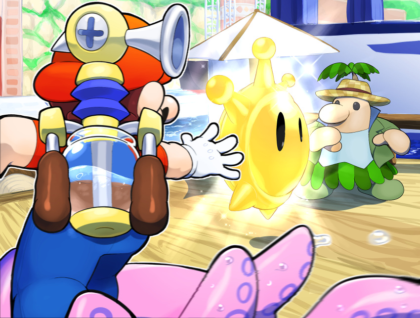 2boys, blooper_(mario), blue_overalls, boat, brown_footwear, f.l.u.d.d., facial_hair, gloves