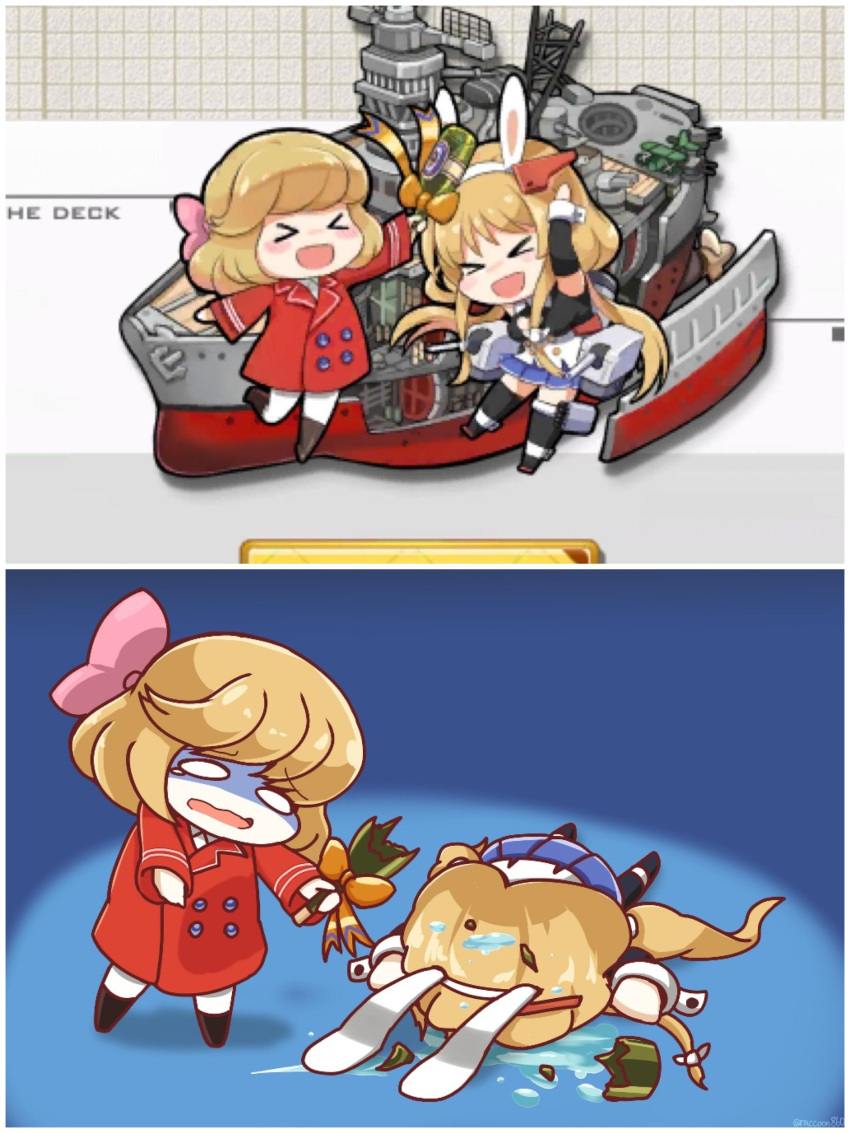 >_<, 2koma, azur_lane, benson_(azur_lane), broken_bottle, hit, mary_augusta_benson, multiple_girls