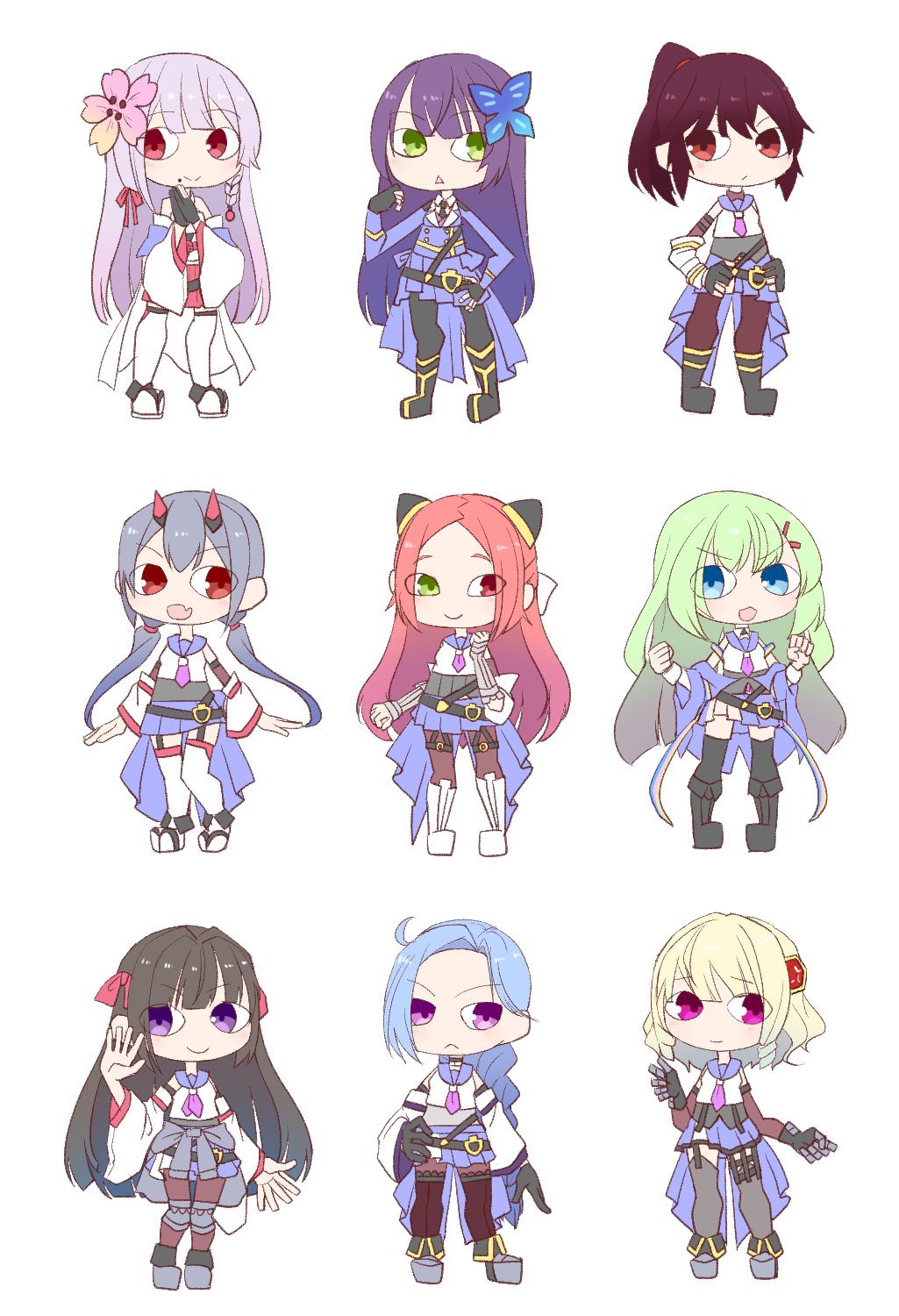 6+girls, :<, :d, ahoge, ankle_boots, arms_at_sides, assault_lily, bare_shoulders