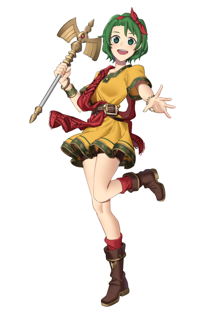1girl, :d, boots, brown_footwear, dress, ebinku, fire_emblem, fire_emblem:_thracia_776