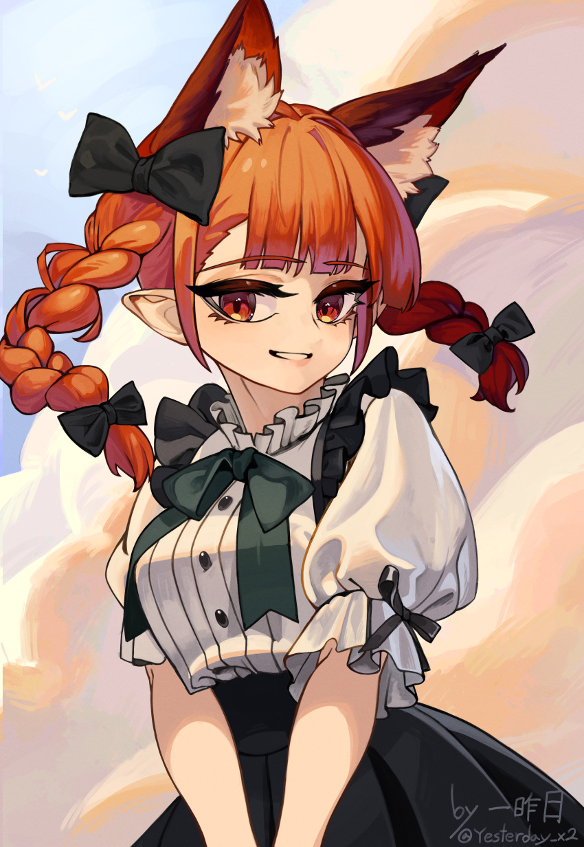 1girl, absurdres, alternate_costume, animal_ears, black_skirt, bow, bowtie, braid, buttons, cat_ears, commentary_request, extra_ears, green_bow, green_bowtie, highres, kaenbyou_rin, long_hair, open_mouth, pointy_ears, qwas69, red_eyes, redhead, revision, shirt, short_sleeves, skirt, smile, solo, touhou, twin_braids, twintails, upper_body, white_shirt