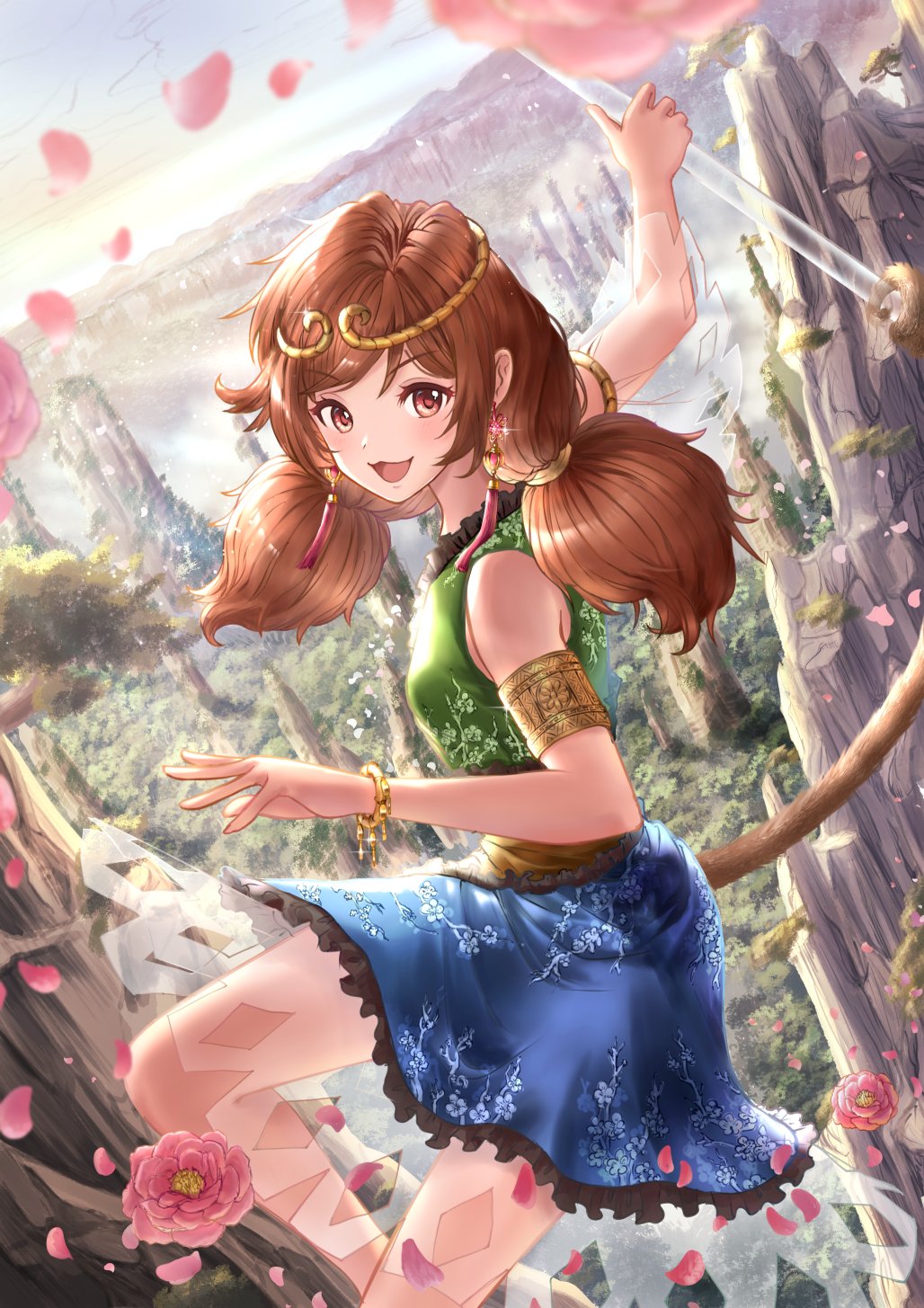arm_up, bare_legs, bare_shoulders, bicep_strap, blue_skirt, brown_eyes, brown_hair, double_bun