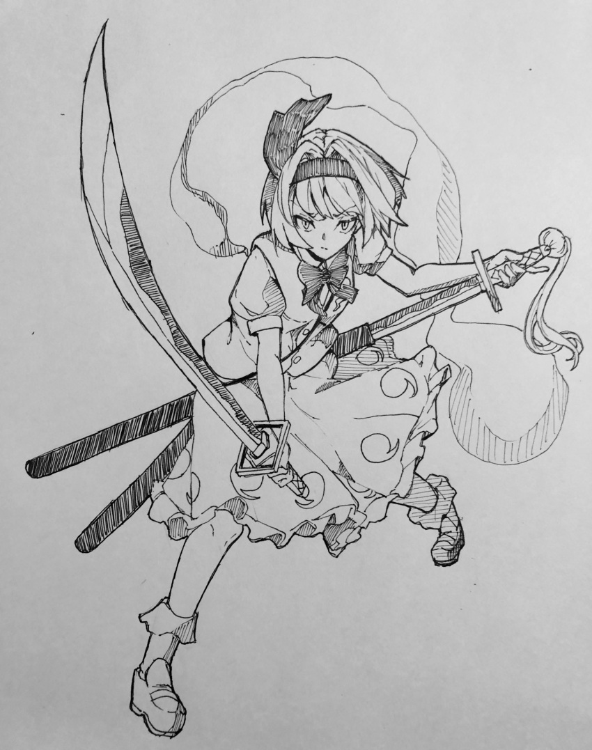 1girl, bow, bowtie, full_body, ghost, ghost_print, greyscale, hair_intakes
