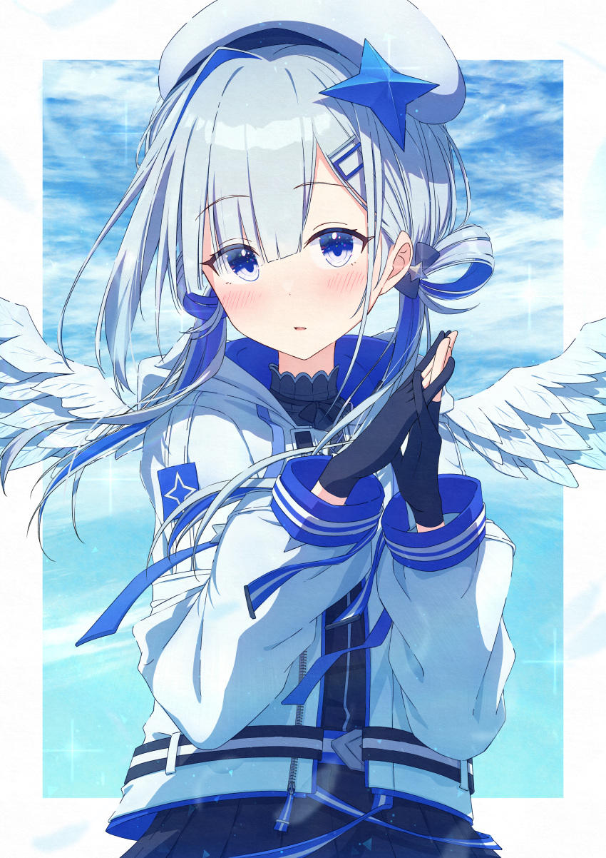1girl, absurdres, amane_kanata, amane_kanata_(3rd_costume), angel_wings, asymmetrical_bangs, belt, beret