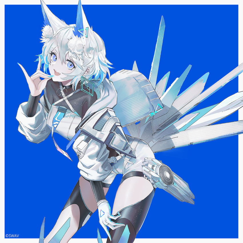 1girl, artist_name, black_thighhighs, blue_background, blue_eyes, blue_nails, border, breasts