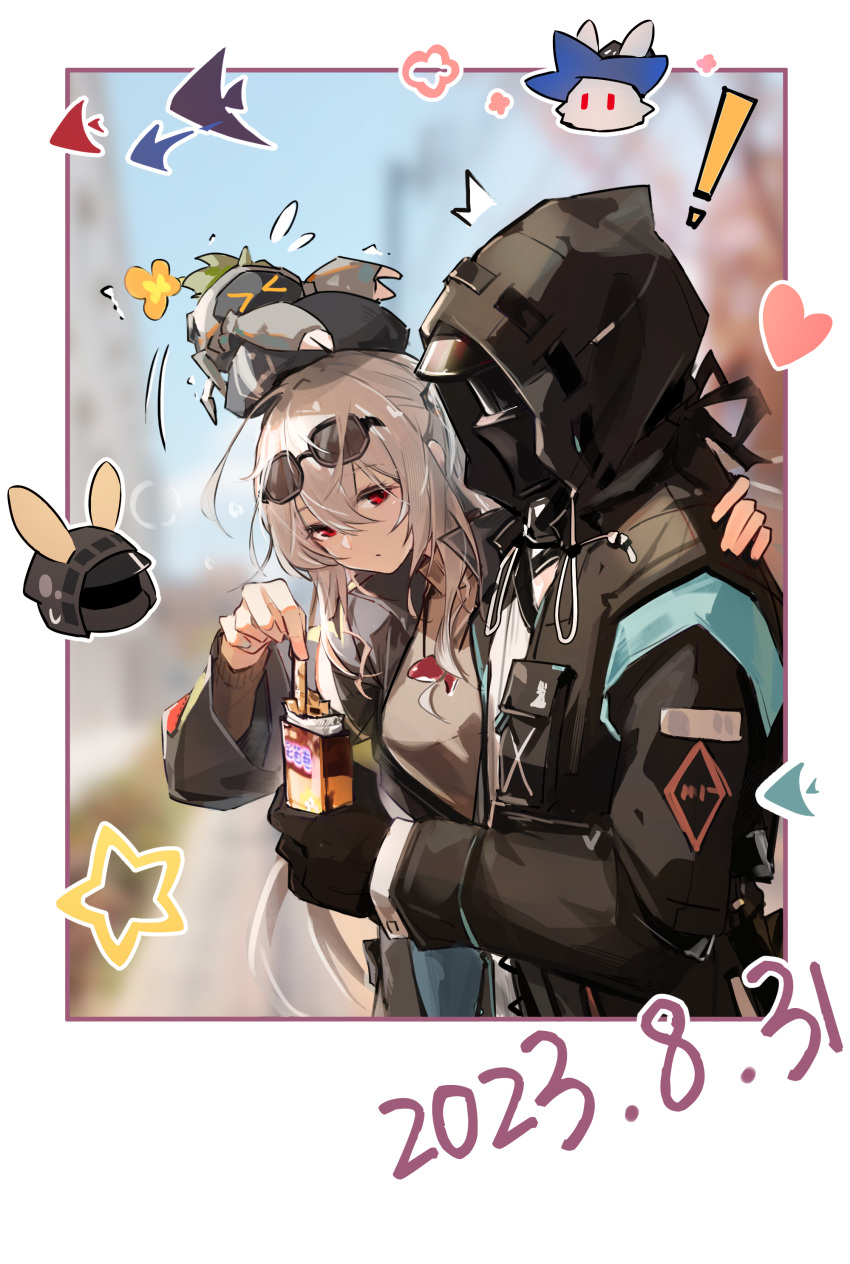 !, 1girl, 1other, absurdres, ambiguous_gender, animal_ears, arknights, beanie, black-framed_eyewear, black_coat, black_dress, black_gloves, black_jacket, brown_sweater, chibi, chibi_inset, coat, daier, dated, doctor_(arknights), dress, eyewear_on_head, flower, food, glasses, gloves, grey_dress, hat, highres, holding, hood, hood_up, hooded_coat, hooded_jacket, infection_monitor_(arknights), jacket, jewelry, long_hair, long_sleeves, metal_crab_(arknights), necklace, orange_flower, pocky, rabbit_ears, rhodes_island_logo, simple_background, skadi_(arknights), standing, star_(symbol), sweater, white_dress, white_hair